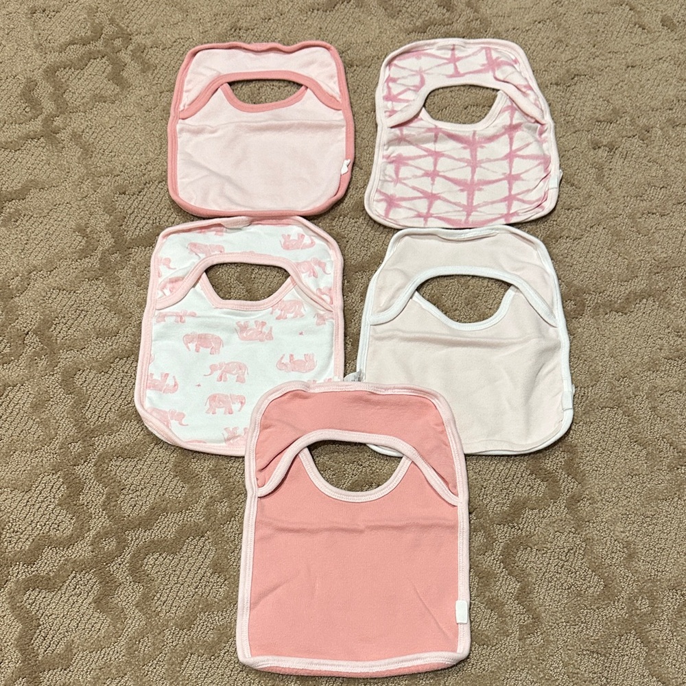 Burt’s Bees Baby Pink and White Baby Bib Set- 5 bibs